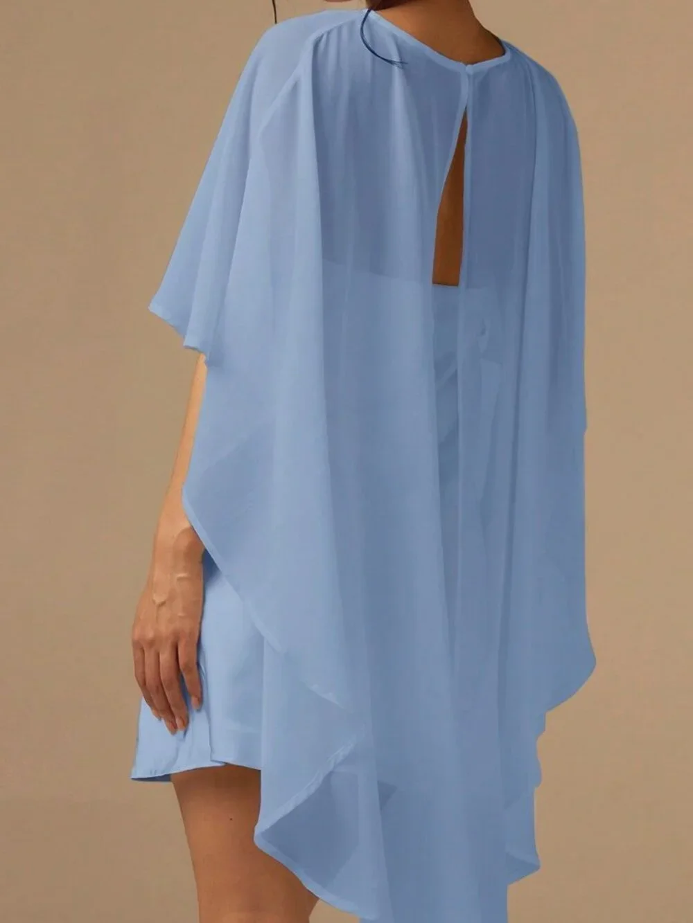 Baby Blue Satin Bias-Cut Women's Mini Dress with Cape Shawl - Picture 2 of 7